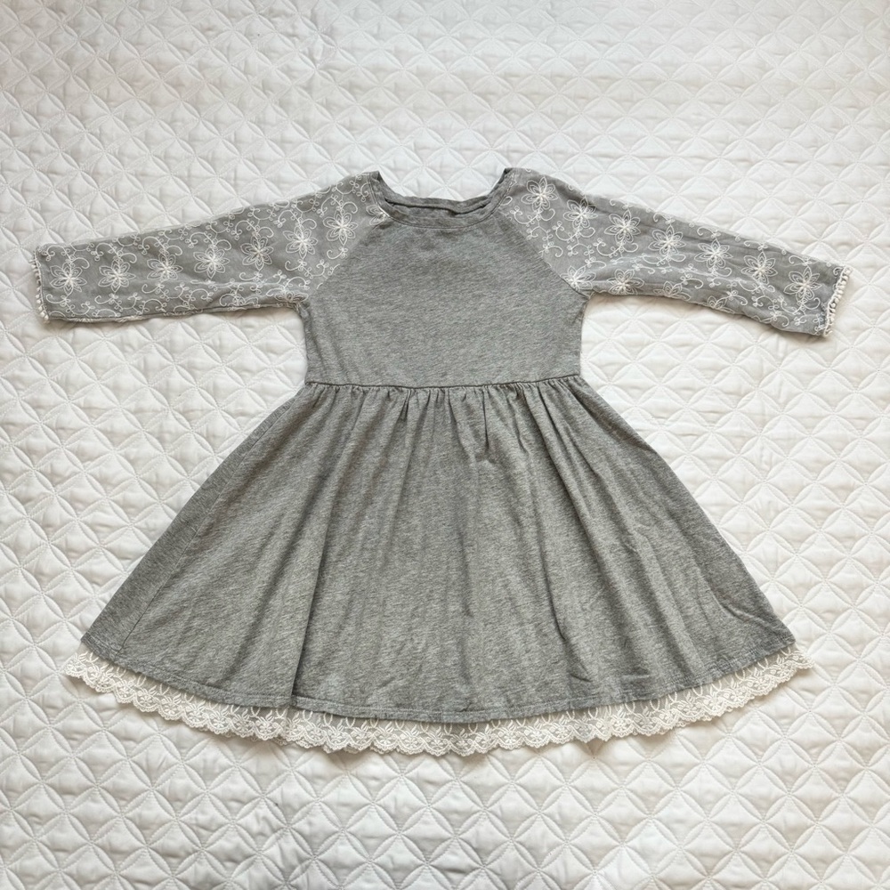 Garnet Hill Girls' Zoe Lace Cotton Knit Long Sleeve Gray Dress Size Medium